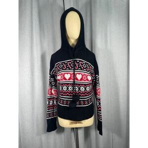 Ugly but Cute Christmas Sweater, Hooded:  Hearts, Snowflakes & Candy Canes